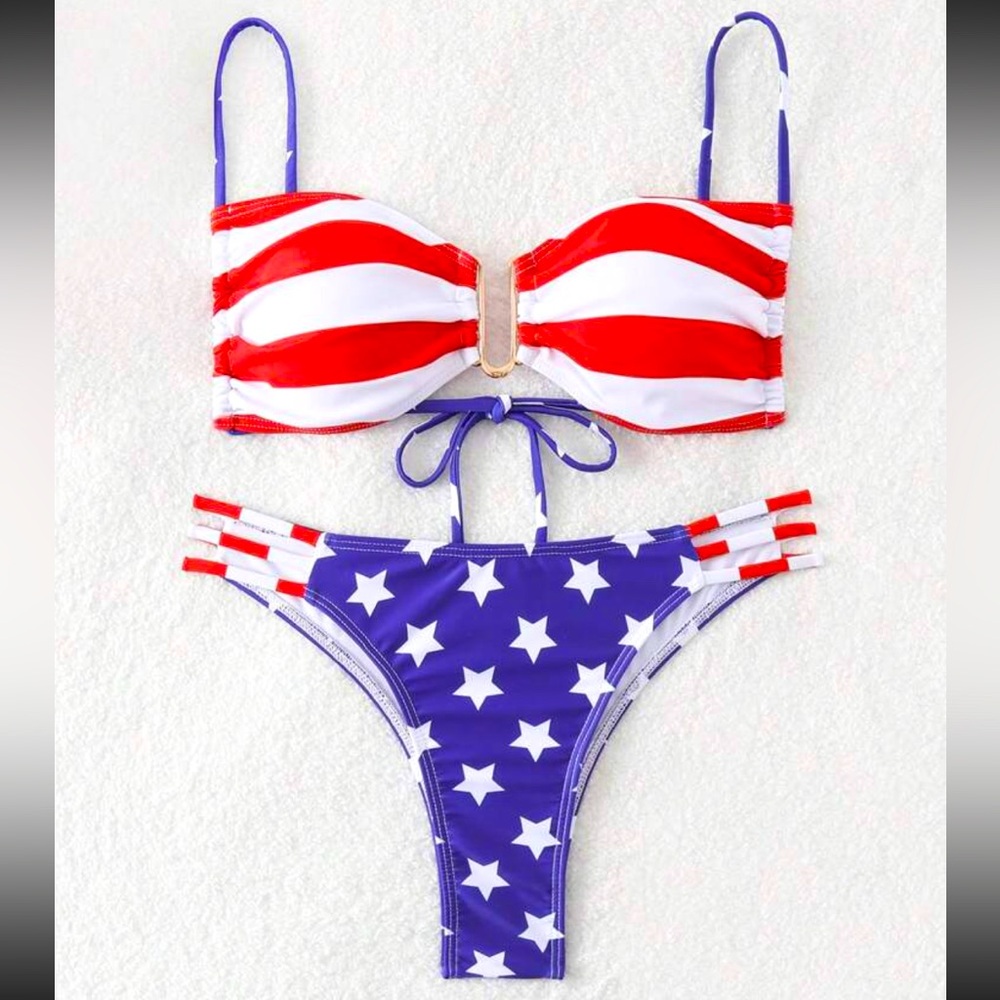 🇺🇸 American Flag Print Bikini Set with Gold Tone Hardware